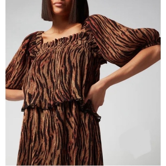 NWT GANNI Pleated Georgette Midi Dress Tigers Eye Size 36 US‎ Size 4 Printed - Picture 4 of 17